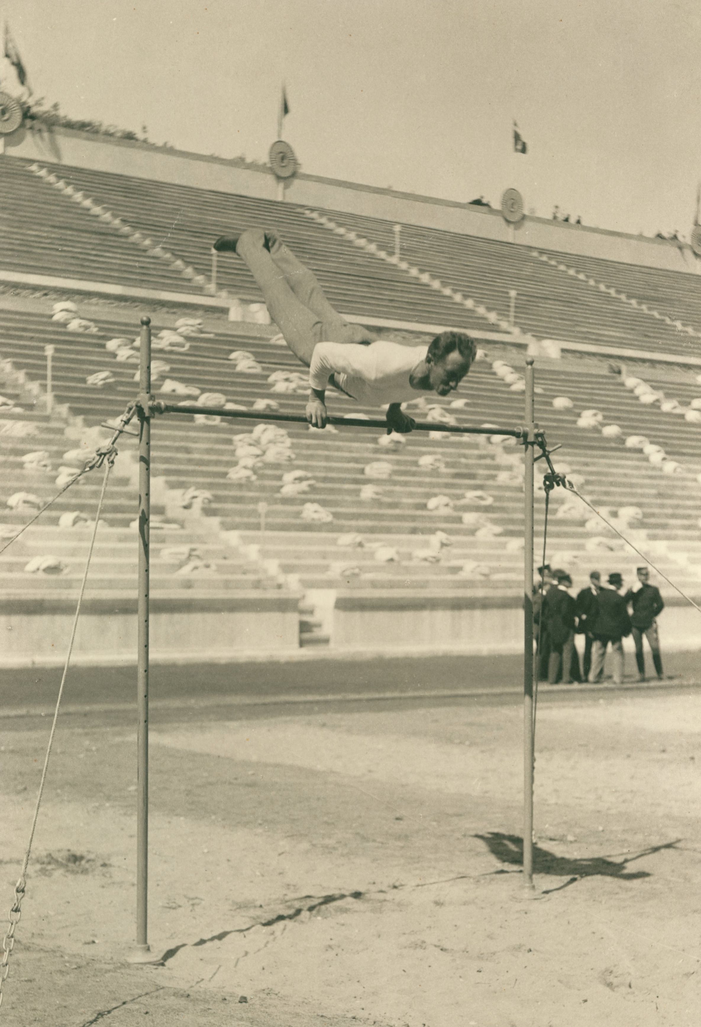 Titel: Olympische Spiele, 1896; der Athlet Hermann Weingärtner, Meister am Reck Titel: Olympische Spiele, 1896; der Athlet Hermann Weingärtner, Meister am Reck